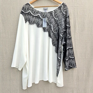NWT Catherines 4X Top White Black Lace Overlay 3/4 Sleeve Whimsy Coquette